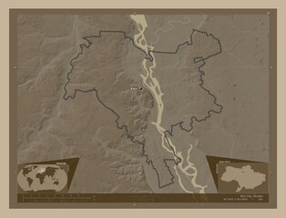 Kiev City, Ukraine. Sepia. Labelled points of cities