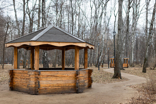 wooden gazebo standing in the autumn forest
