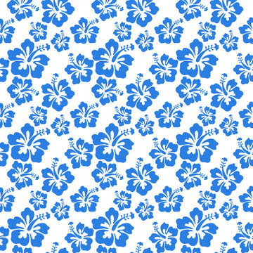 Blue Hawaiian Flowers Aloha Seamless Pattern on white Background

