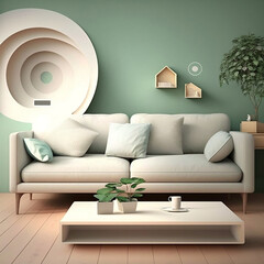 Cozy Living Room  Sage Green Wall with a Background. Generative AI