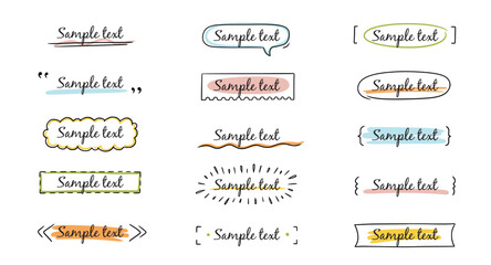 Text title frame handwriting ribbon, square, circle decoration element. Doodle cute title frame simple text box, label, tag. Hand drawn sketch style decoration. Vector illustration.