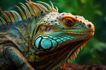 Fototapeta premium Brightly colored tropical iguana. Generative AI