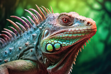 Fototapeta premium Brightly colored tropical iguana. Generative AI