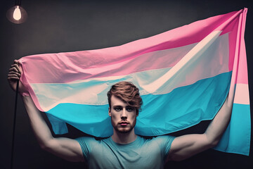 Transgender man holding waving transgender flag, concept picture about human rights, equality in the World . Generative IA - obrazy, fototapety, plakaty