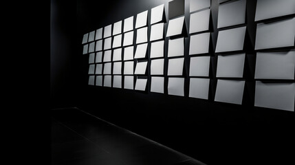 Several sheets of white paper pasted on a black wall, Generative Ai