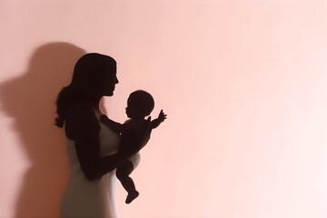 Background of silhouette or shadow of a mother and child. Wallpaper illustration. Side view with copy space for text information or content. Concept of mother’s day. Generative AI. 