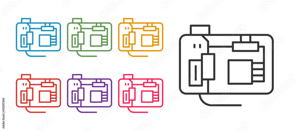 Poster set line electronic computer components motherboard digital chip integrated science icon isolated on