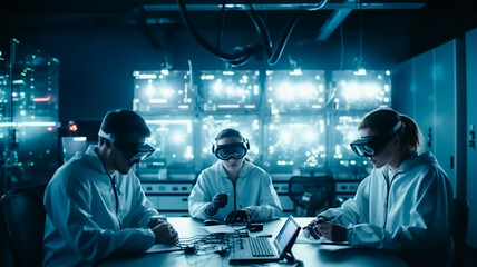 Scientists using artificial intelligence technology, inside a technology lab, company working with AI, generated with generative AI technology.