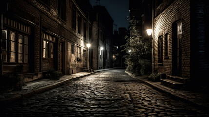 Dark and scary vintage cobblestone brick city alley at night in Chicago, Generative Ai