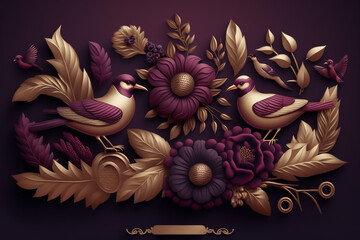 3D flowers and birds background design in dark plum, fuchsia, violet, purple and gold. A luxurious botanical pattern for a postcard, invitation, cosmetic, beauty, fashion, banner, template. Generated