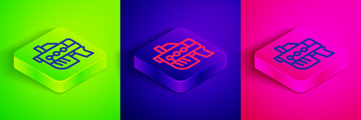 Isometric line Futuristic space gun blaster icon isolated on green, blue and pink background. Laser Handgun. Alien Weapon. Square button. Vector