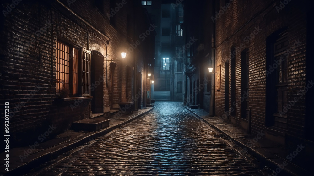 Wall mural Dark and scary vintage cobblestone brick city alley at night in Chicago, Generative Ai