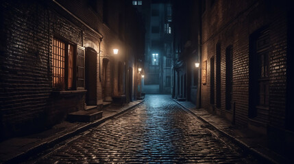 Dark and scary vintage cobblestone brick city alley at night in Chicago, Generative Ai