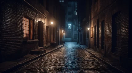 Foto op Plexiglas Dark and scary vintage cobblestone brick city alley at night in Chicago, Generative Ai © oldwar