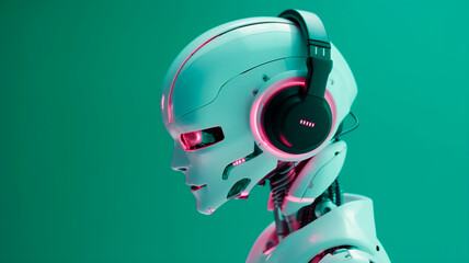 Human robot working in call center, robotic work, white robot with pink on a green chroma key background, generated with generative AI technology.