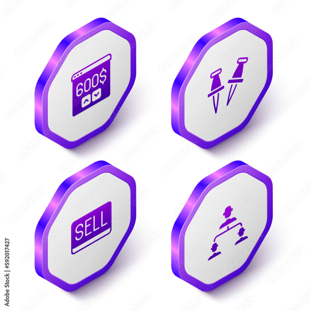 Poster set isometric monitor with dollar, push pin, sell button and employee hierarchy icon. purple hexagon