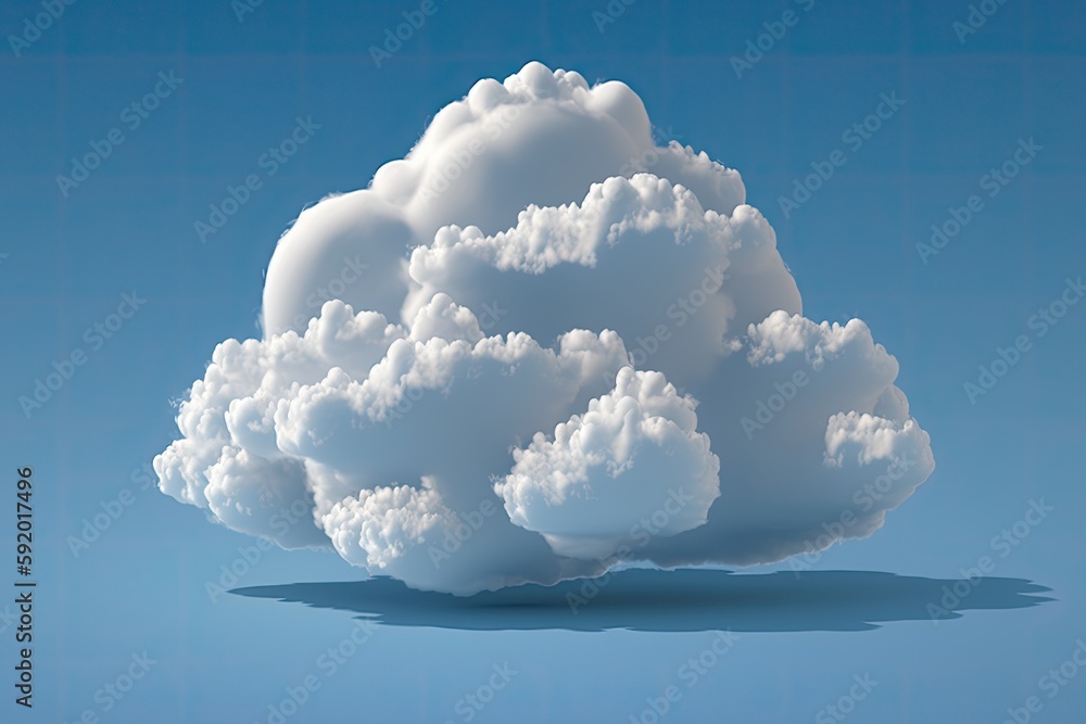 Poster fluffy white cloud shaped object floating in a bright blue sky. generative ai