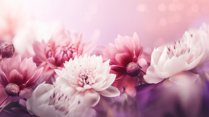 Fototapeta premium Abstract floral backdrop of purple flowers over pastel colors with soft style for spring or summer time. Banner background with copy space. generative ai