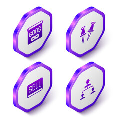 Set Isometric Monitor with dollar, Push pin, Sell button and Employee hierarchy icon. Purple hexagon button. Vector