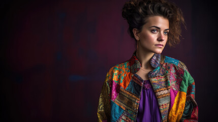 woman wearing a daring, multicolored patchwork jacket, Generative AI - obrazy, fototapety, plakaty