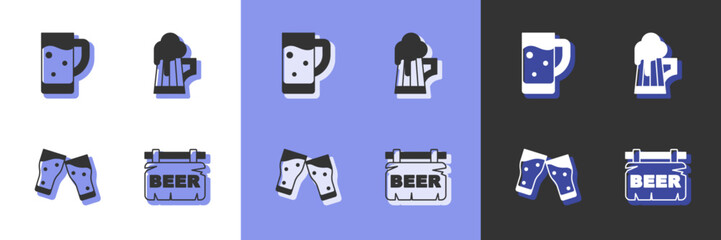 Set Street signboard with Beer, Glass of beer, and Wooden mug icon. Vector