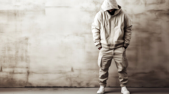 man wearing a soft utility-inspired outfit, including a comfortable hoodie and stylish cargo pants, Generative AI