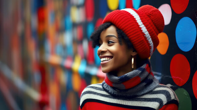 woman wearing a bright red hat and a multicolored, sweater, Generative AI