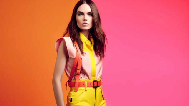woman wearing a vibrant, yellow jumpsuit with a daring design, Generative AI