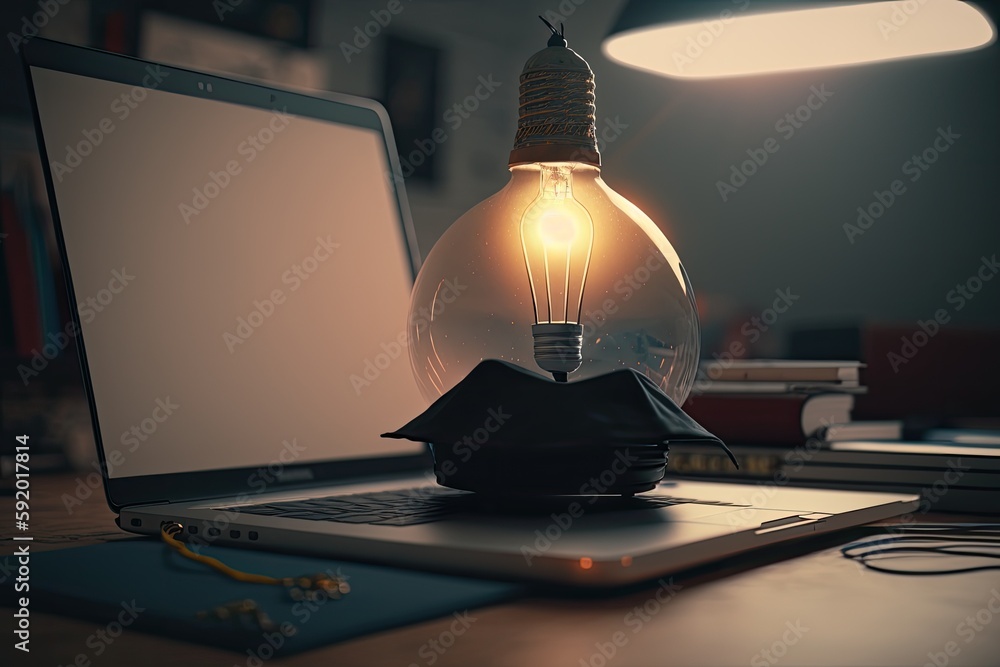 Poster laptop computer with a light bulb on top representing a bright idea or innovation. generative ai
