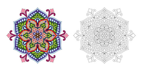 Decorative rounded mandala coloring book page illustration 