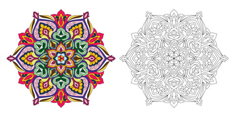 Decorative ornamental hand-drawn detailed mandala design coloring page illustration	