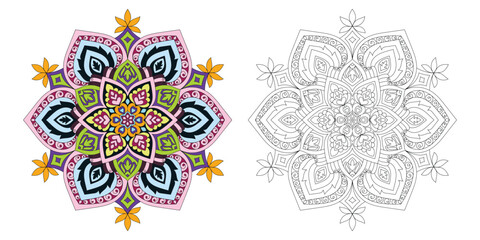 Decorative rounded mandala coloring book page illustration 