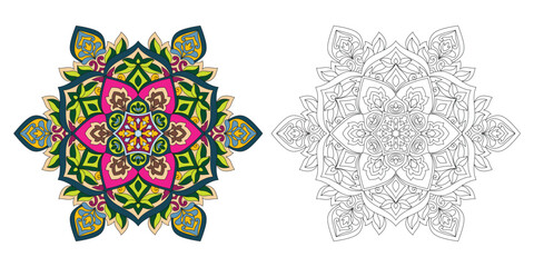 Decorative rounded mandala coloring book page illustration 