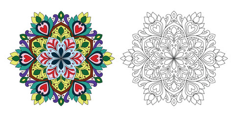 Fototapeta na wymiar Decorative rounded mandala coloring book page illustration 