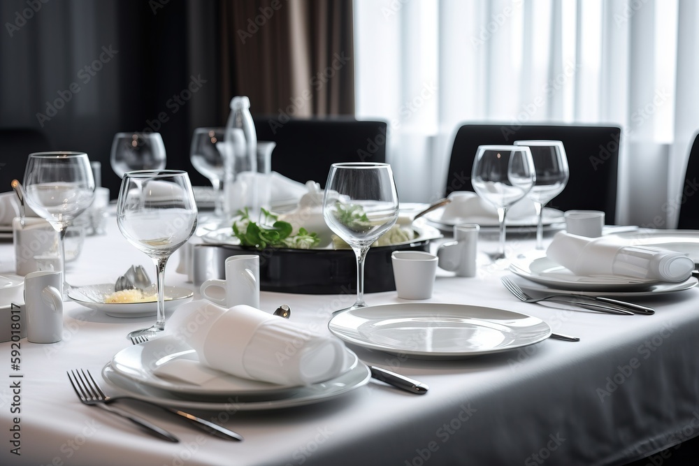 Poster a table set for a formal dinner with wine glasses and plates and napkins on the table and a vase wit