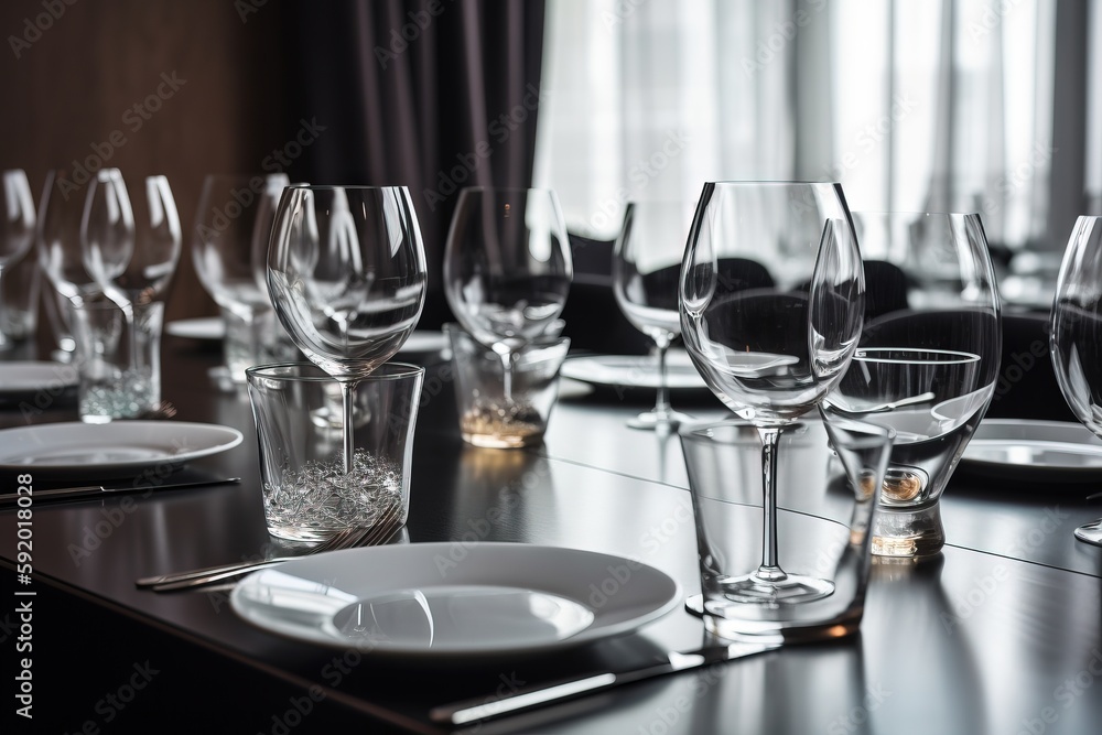 Poster a table with a bunch of empty wine glasses on it and a plate with a knife and fork in front of the g