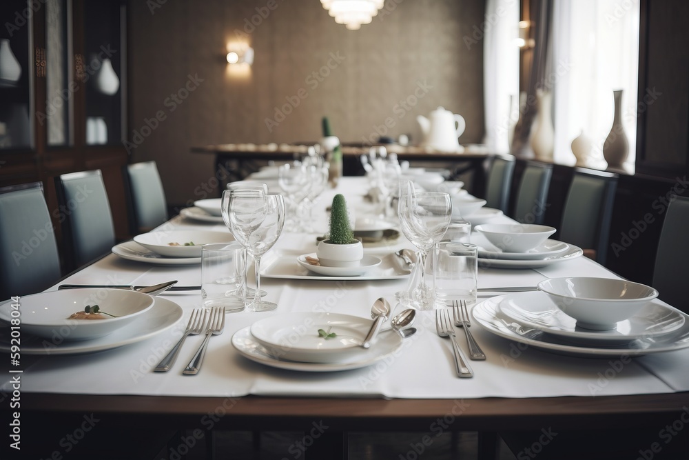 Aufkleber a long table with a white table cloth and place settings and place settings on the place settings an