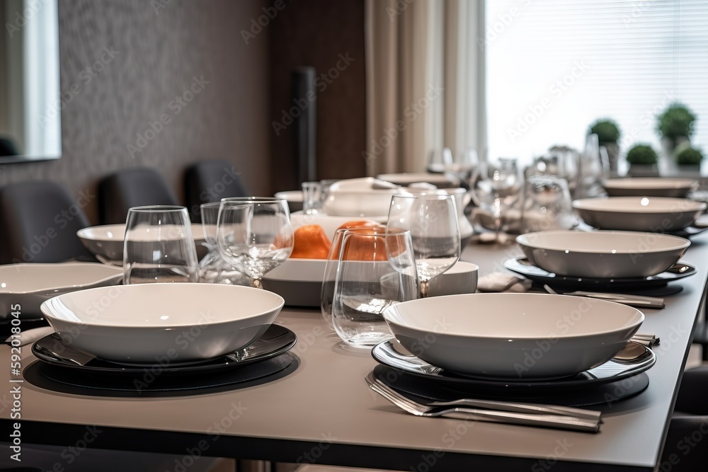 Aufkleber a table set for a formal dinner with plates and silverware and a bowl of oranges in the middle of th
