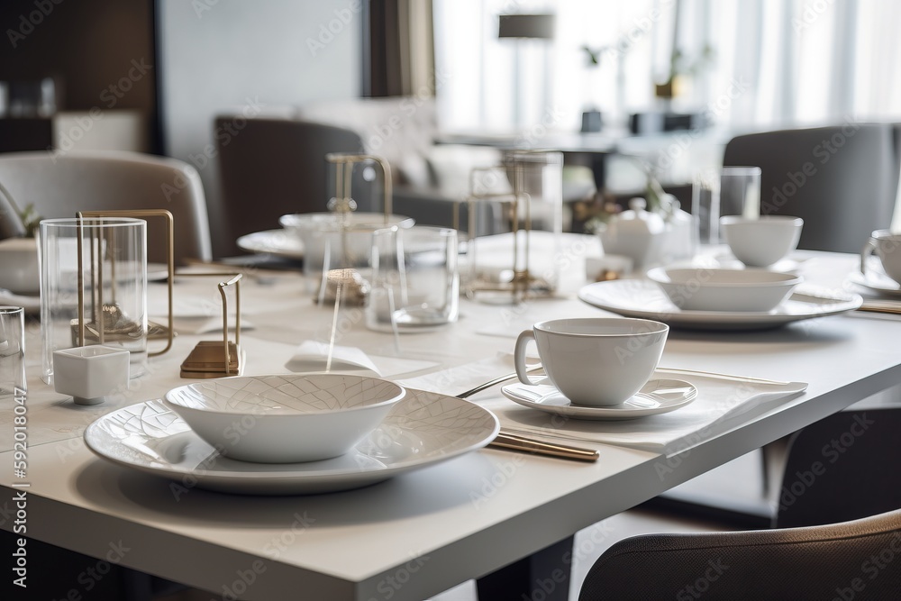 Aufkleber a table set for a meal with plates, cups and saucers and a vase with a flower in it and a vase with 