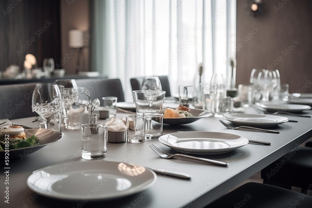 Poster a table set for a formal dinner with empty plates and silverware on the table, and empty wine glasse