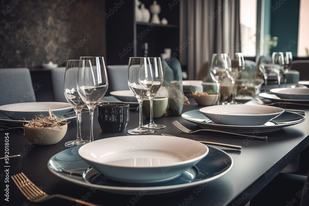 Poster a table set with plates, glasses, and silverware for a formal dinner or dinner party with a view of 