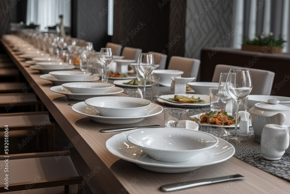Poster a long table set with white plates and silver utensils and wine glasses and glasses on the side of t