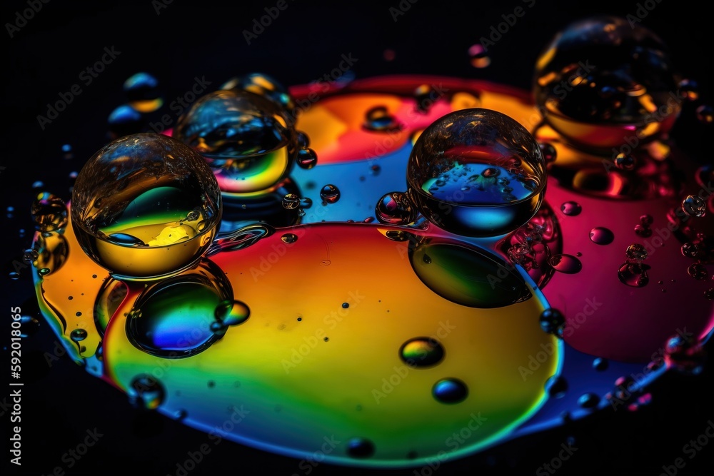 Poster a group of colorful bubbles floating on top of a black surface with water droplets on the bottom of 