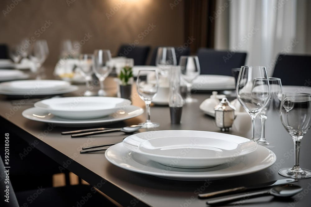 Poster a table set for a formal dinner with empty plates and wine glasses on the table and a vase of flower