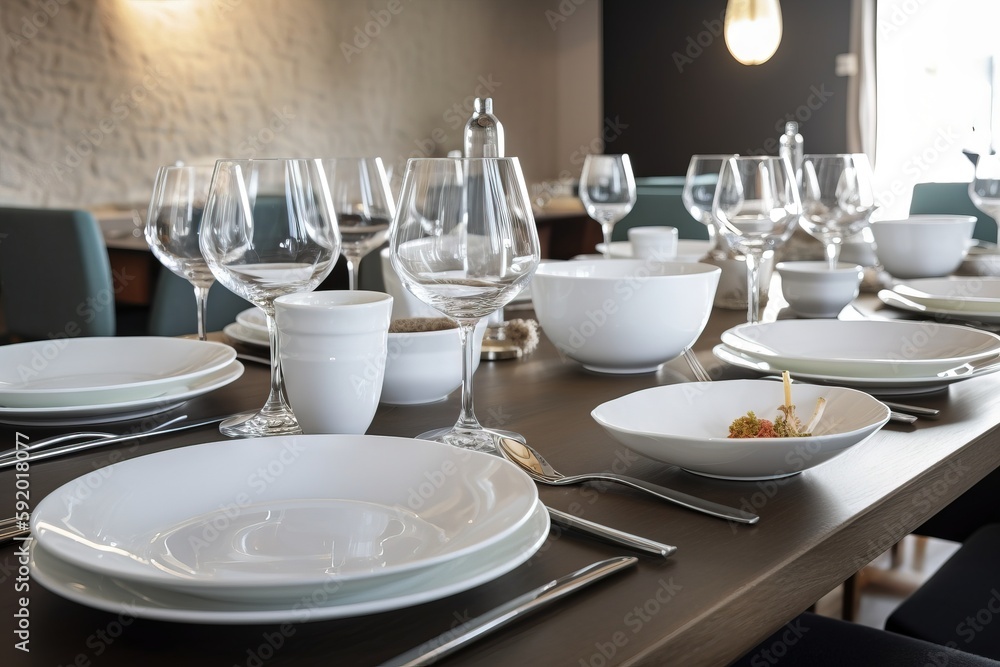 Aufkleber a table set for a formal dinner with wine glasses and silverware on the side of the table, and empty