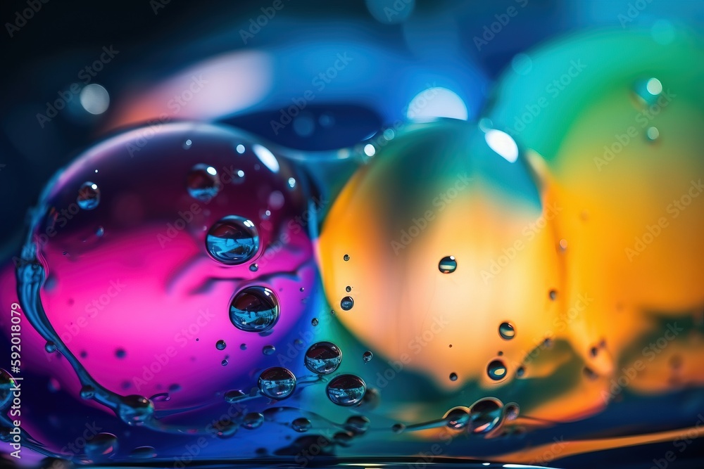 Poster a close up of three different colored balls of liquid on a surface with water droplets on the bottom