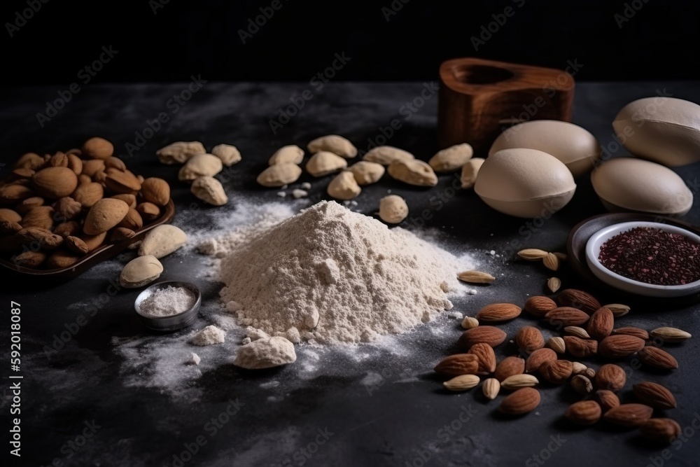 Poster a table topped with lots of different types of food items next to a bowl of nuts and a measuring cup