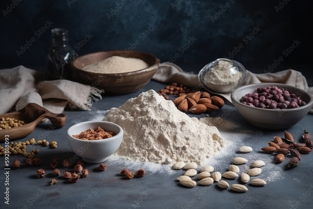 Poster a table topped with lots of different types of food and ingredients on top of a counter top next to 