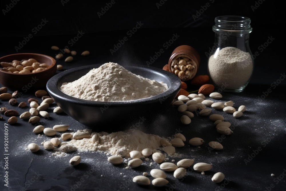 Aufkleber a table topped with a bowl of food next to a bowl of nuts and a bowl of peanuts on top of a table ne