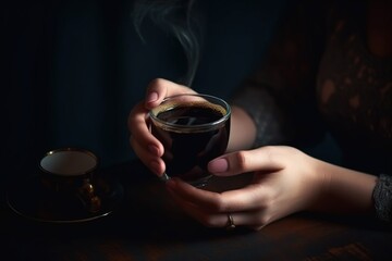  a woman holding a cup of coffee with steam rising out of the top of the cup and a saucer on the side of the table. generative ai